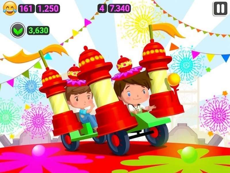 Lively Holi Parade game screenshot showing colorful Holi celebration